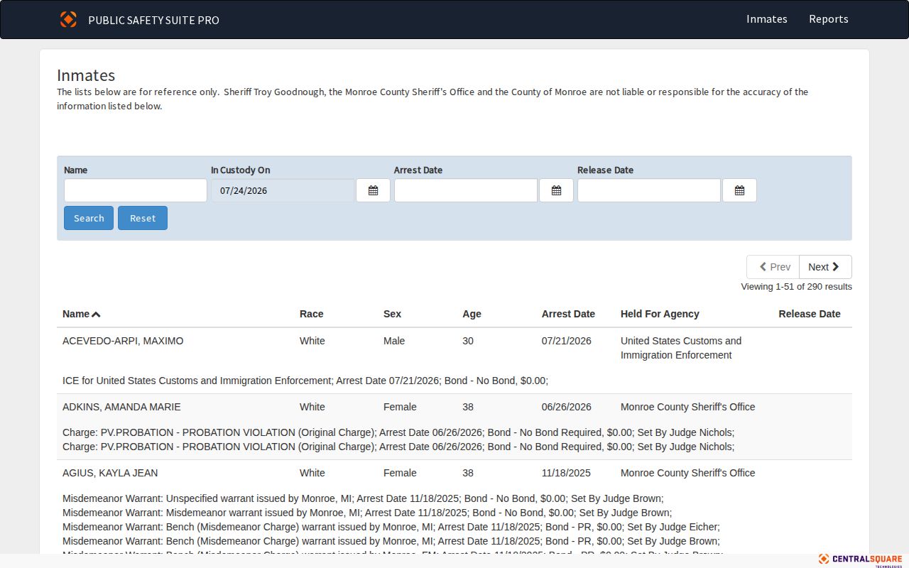 Monroe County released inmate Release Date search filters