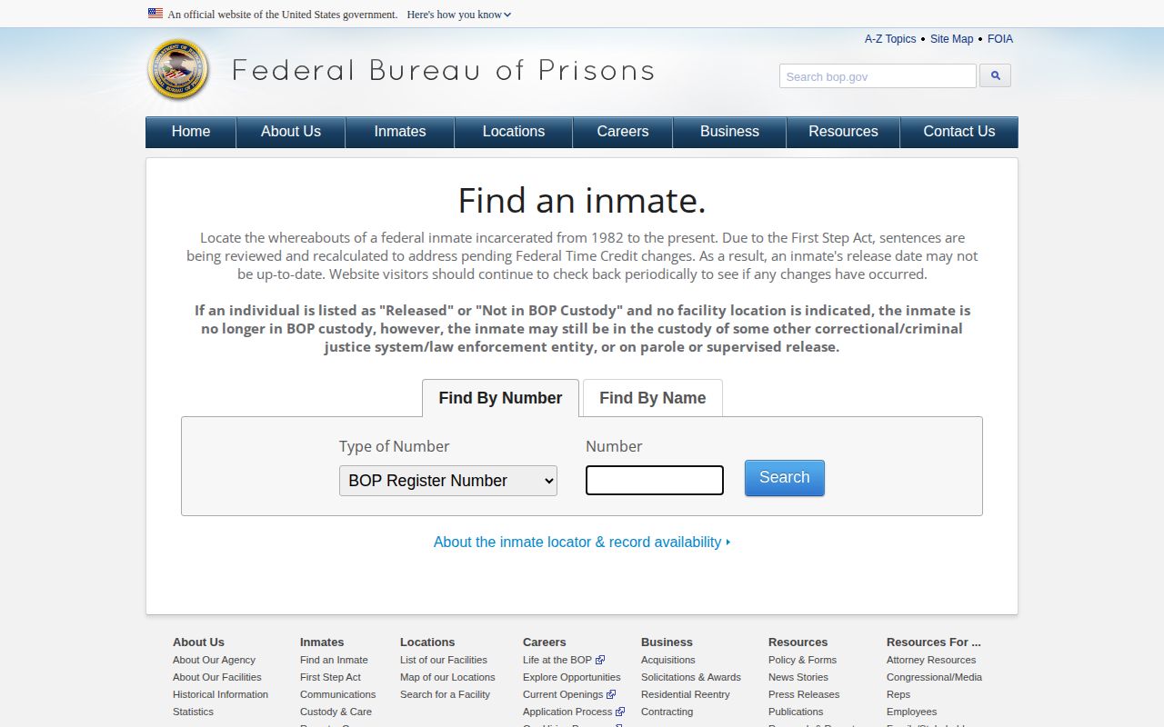 Federal BOP release locator used for a Monroe County federal prisoner