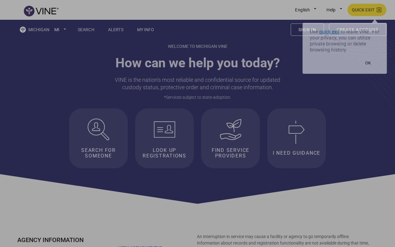 Michigan VINELink one-person inmate check used for Monroe County custody alerts